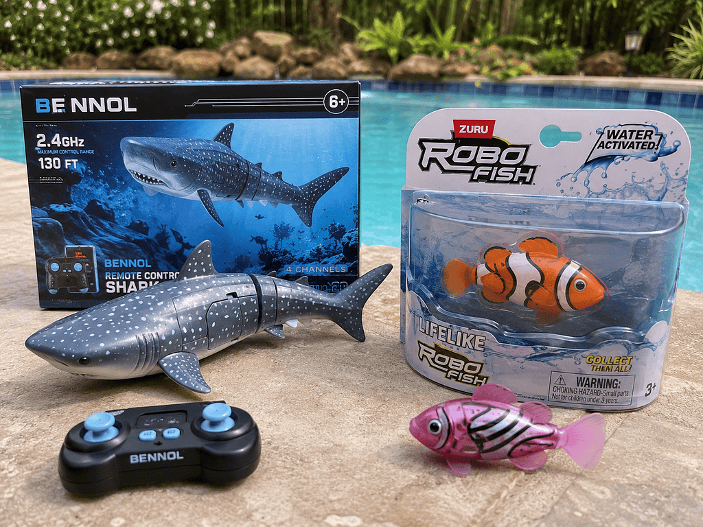 RC shark and Robo Fish pool toys for backyard summer fun