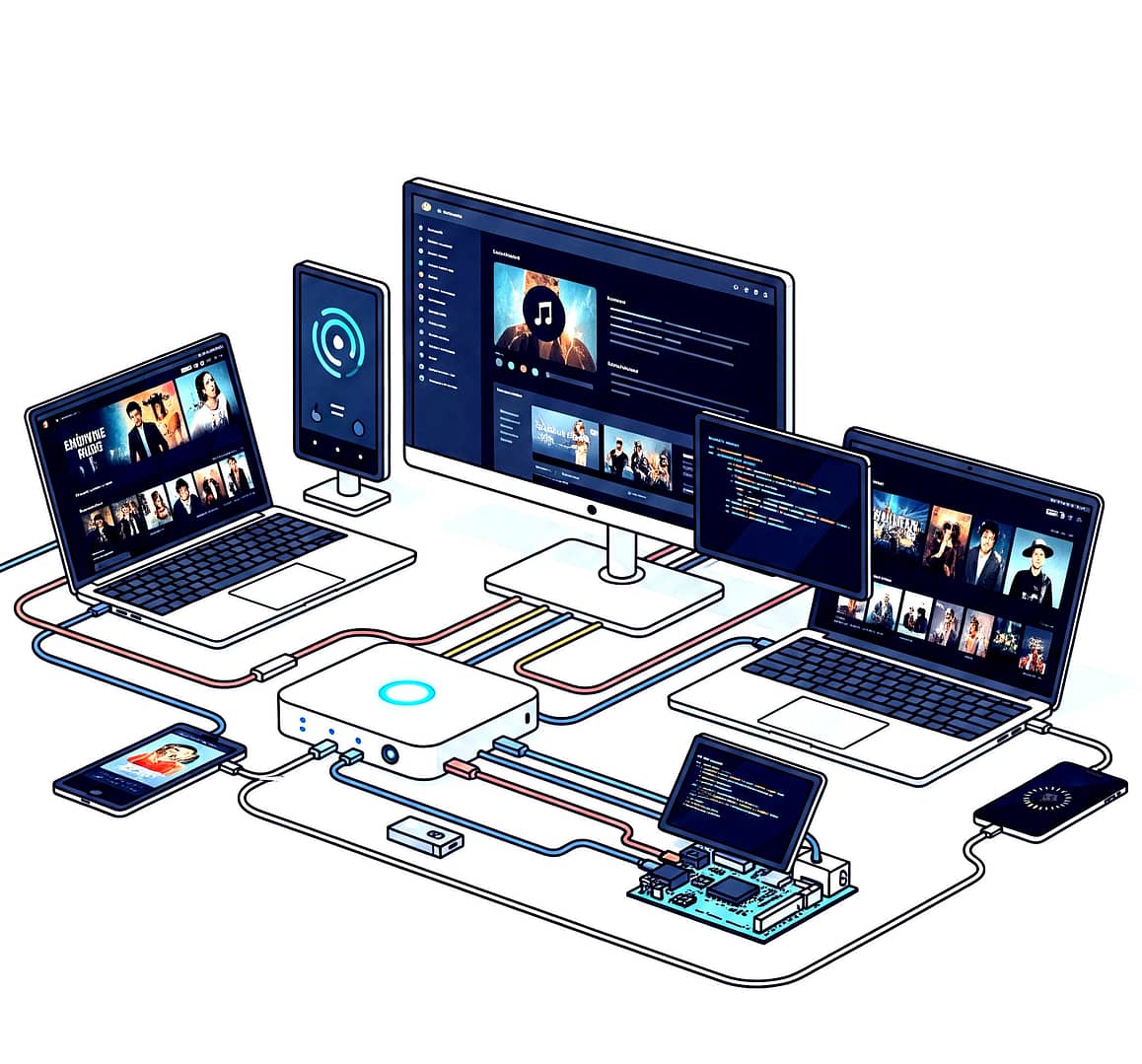 An illustration of a network of interconnected digital devices including a server, laptops, a desktop monitor, a smartphone, and a development board.