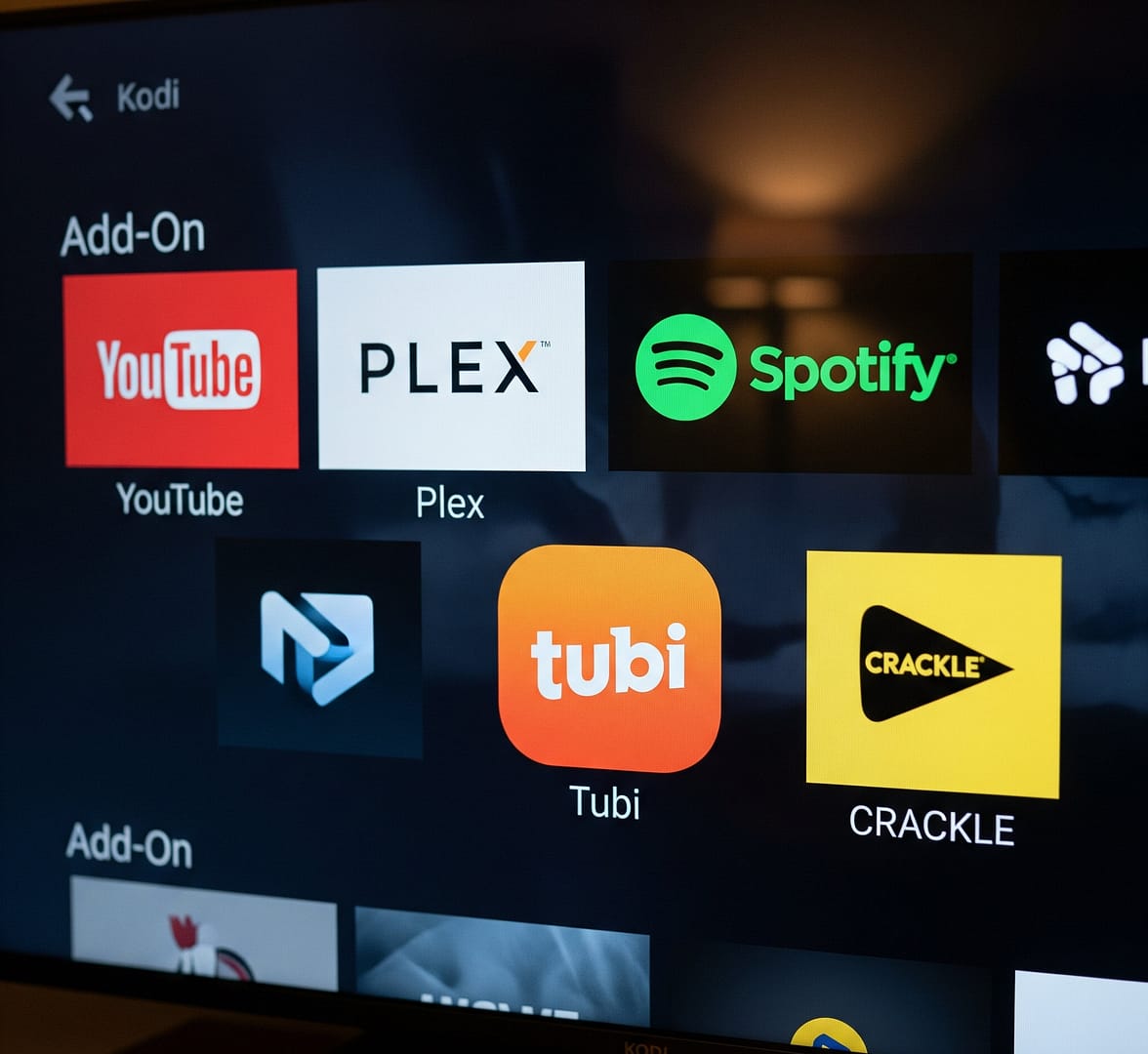 A close-up shot of a TV screen displaying the Kodi add-ons interface, showing various add-on names and icons.